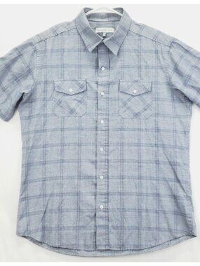 PD&C Shirt Mens Large Blue White Plaid Short Sleeve Classic Button-Up Cotton